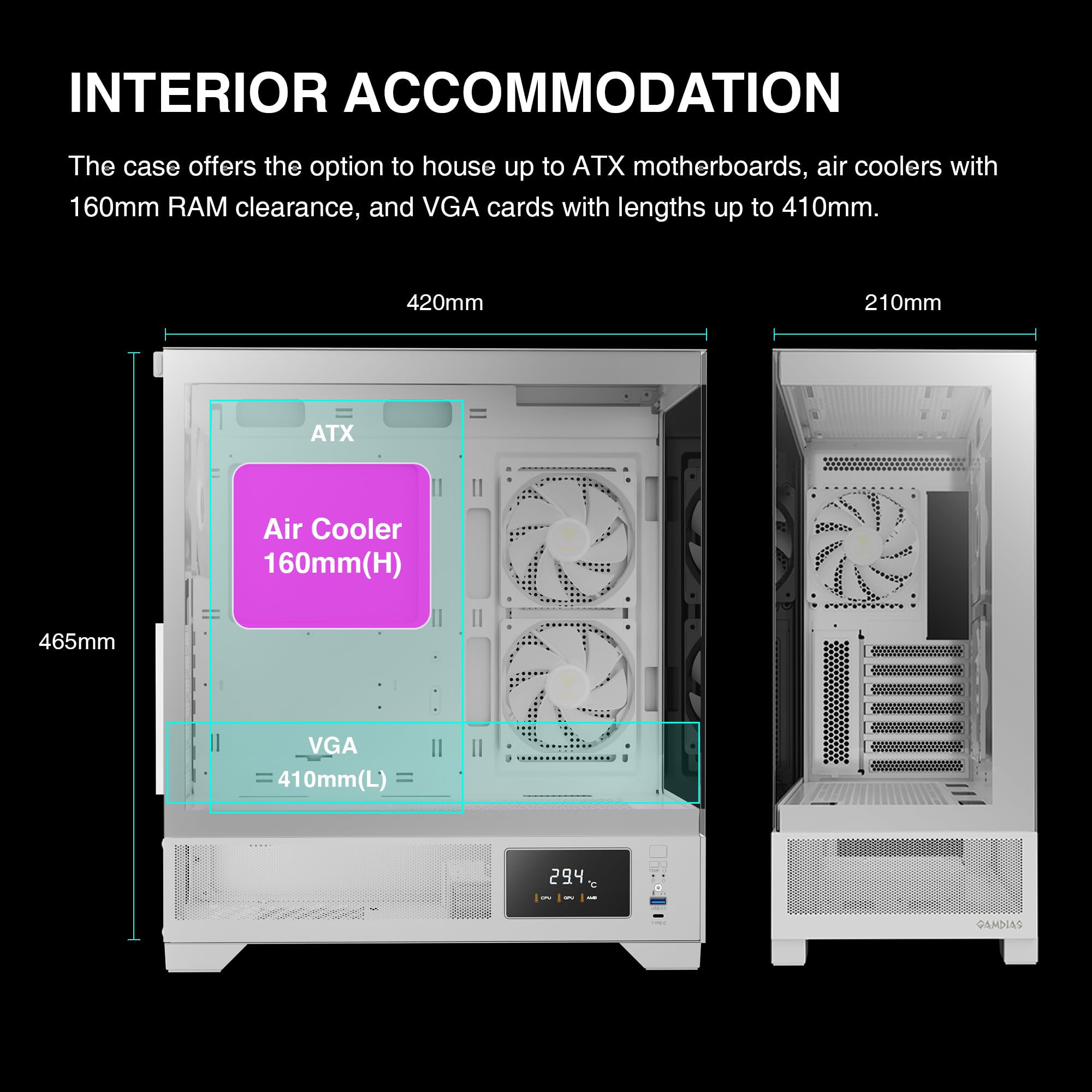 GAMDIAS PC Case, ATX Gaming Mid Tower, No-Hub, Real-time Monitor, Seamless Tempered Glass, Pre-install 3 x 120 mm ARGB PWM Fans, Side Vents Perforated, Black