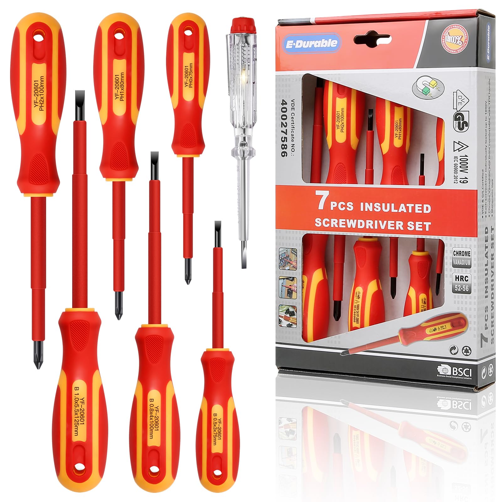 E·Durable 4pcs VDE Screwdriver Set, Magnetic Insulated Screwdriver Set to 1000v, Multifunctional Tool Kit Chrome Vanadium Screwdrivers TPR Handle for Home and Professional Use, Red