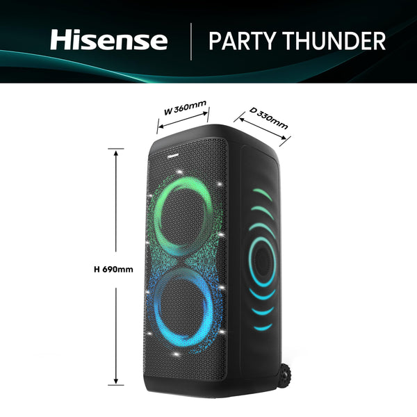 Hisense PARTY STORM, 300W Max Audio Power,15 Hrs long playtime,Karaoke Mode,Lighting effects, Wireless charge the phone, IPX4 Waterproof, Bluetooth 5.0