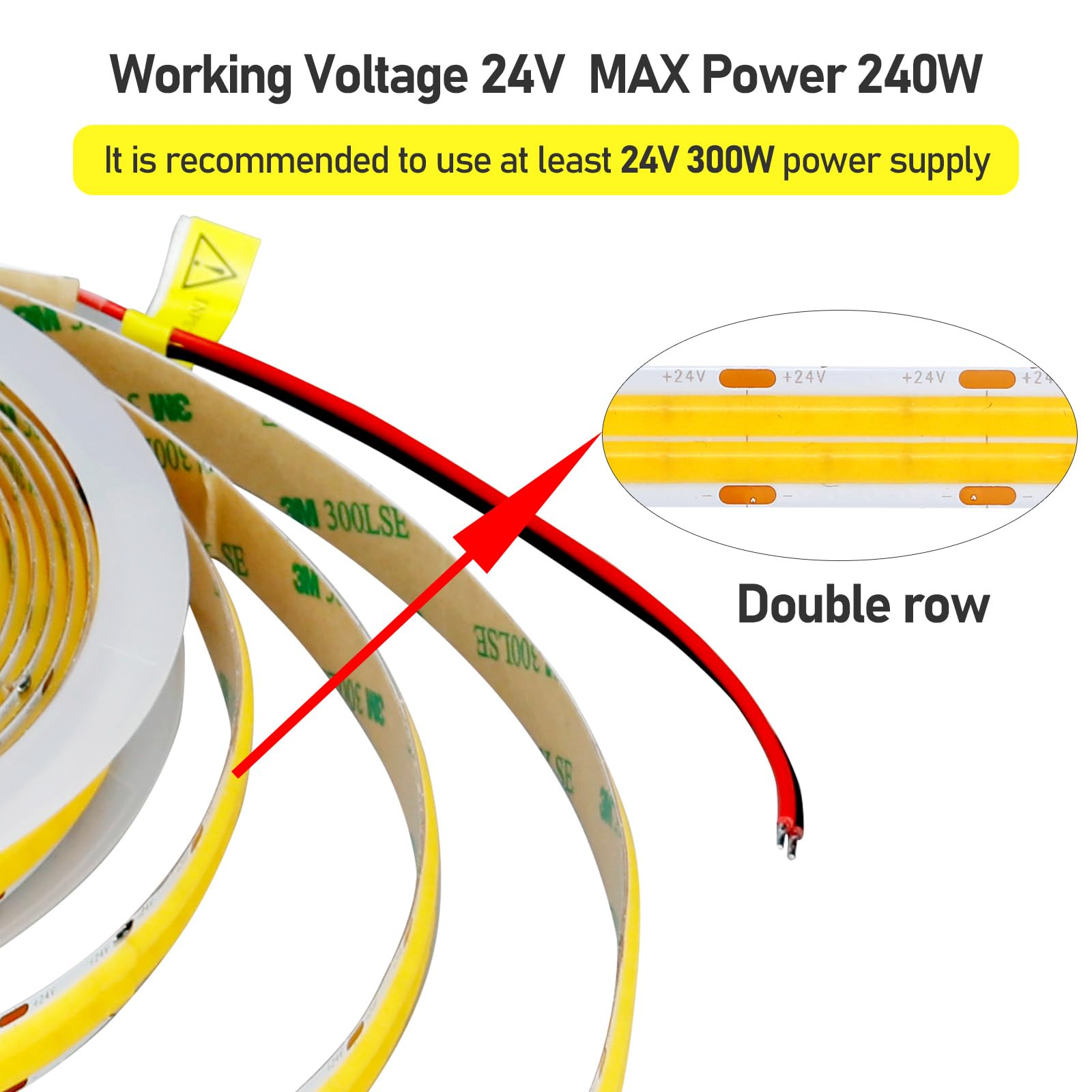 GOMING 32.8ft(10M) 24V Double Row COB LED Strip Light Warm White 3000K 6000LEDs CRI 93+ 20000lm Uniform Glow Dotless Not Waterproof IP20 Flexible LED
