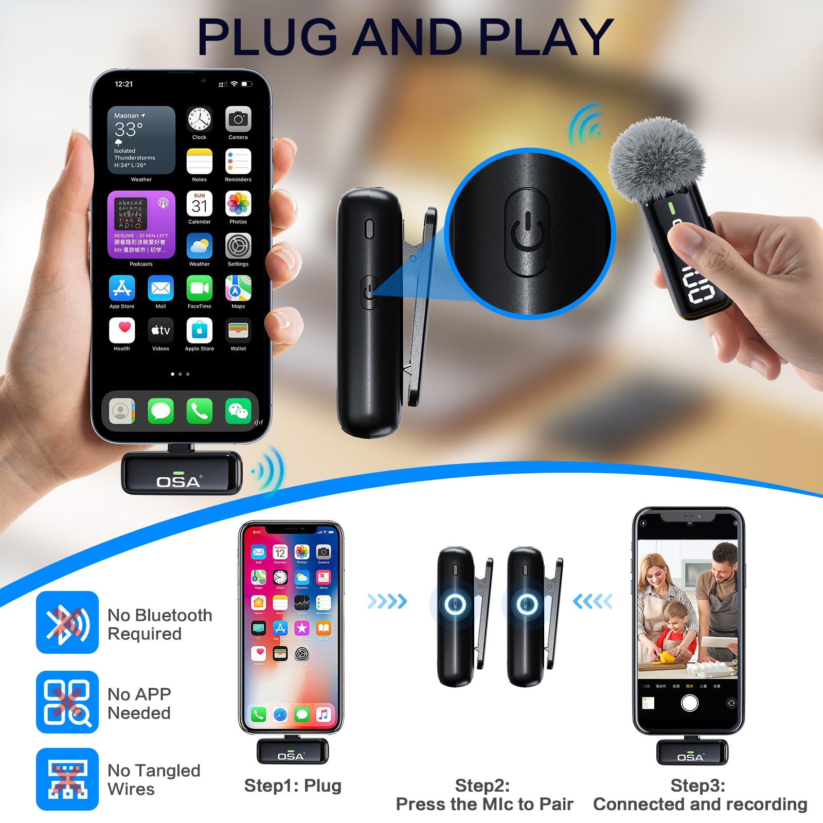 OSA Wireless Microphone for iPhone iPad with Smart Charge Case and Digital Display, 40H Clip on Wireless Lavalier Microphone with Noise Reduction for Video Recording, Plug & Play (2 Mic, 2 Recive)