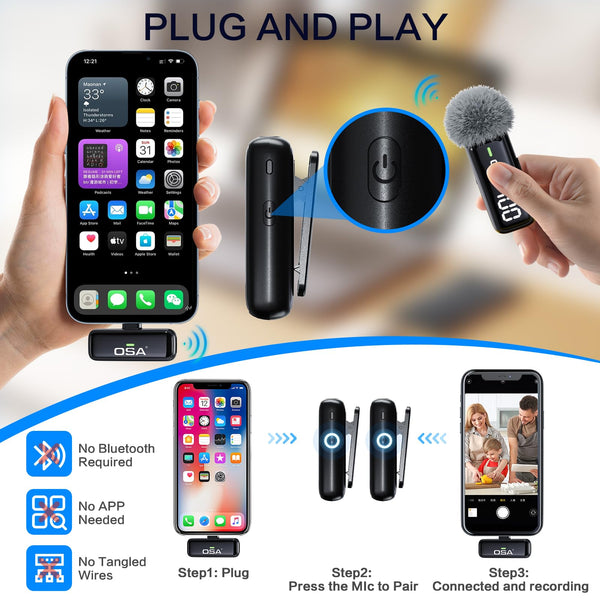 OSA Wireless Microphone for iPhone iPad with Smart Charge Case and Digital Display, 40H Clip on Wireless Lavalier Microphone with Noise Reduction for Video Recording, Plug & Play (2 Mic, 2 Recive)