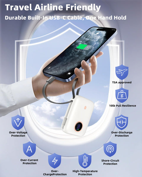 Power Bank Fast Charging 10000 mAh, 22.5W PD QC3.0 High-Speed Portable Charger, PowerBank With Built In Cable USB C, Pocket-Sized Battery Pack for iPhone 16/15, Samsung S23/S24 and More (Jet Black)