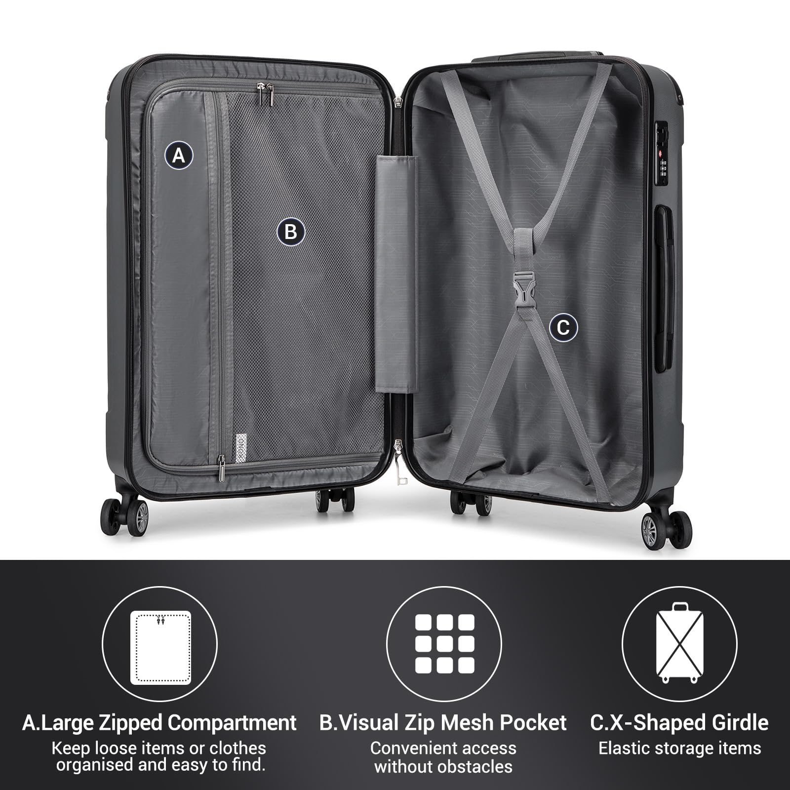 Kono 28 Inch Large Hard Shell Luggage Lightweight ABS 4 Wheels Spinner Business Trip Trolley Case Suitcase (Grey)
