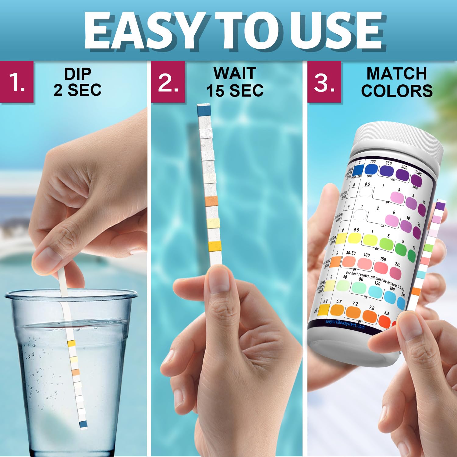 EASYTEST Hot Tub Test Strips, 150 Strips Pool and Spa Test for pH,Total Alkalinity,Free Chlorine and Bromine, Accurate 3 in 1 Pool Water Testing Kit