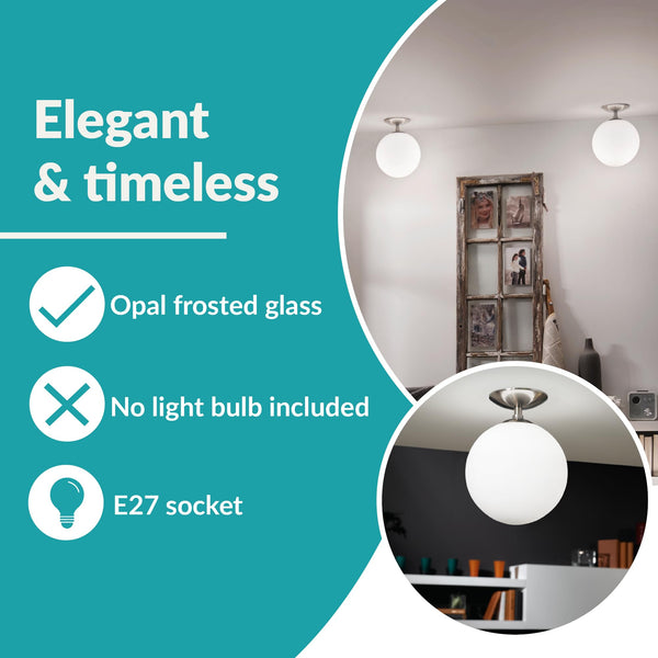 Eglo Ceiling lamp Rondo, 1 Flame Ceiling Light, Material: Steel, Colour: matt Nickel, Glass: matt Opal White, Socket: E27