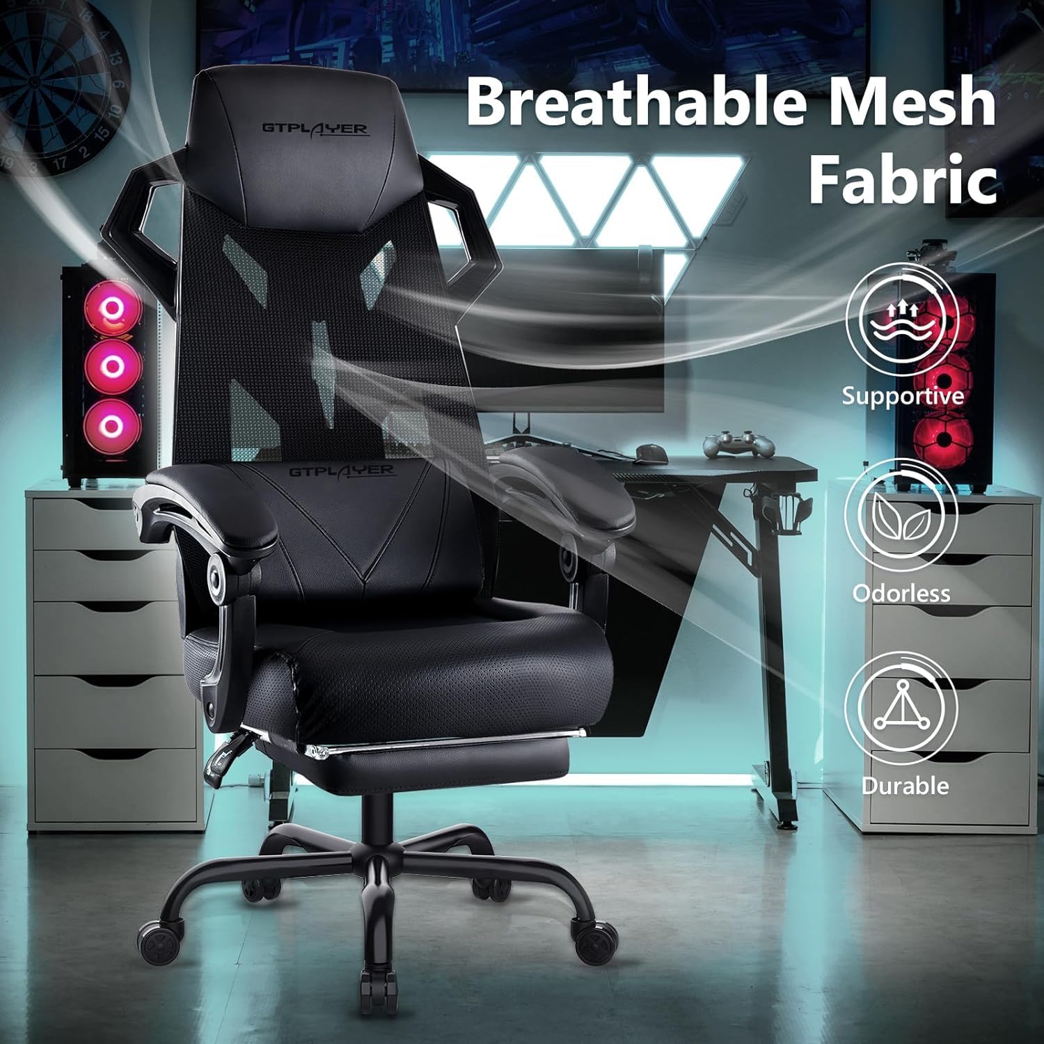 GTPLAYER Mesh Gaming Chair with Footrest 3D Stereoscopic Frame Support Ergonomic Fabric CoverReclining Computer Office Desk Chair Height Adjustable