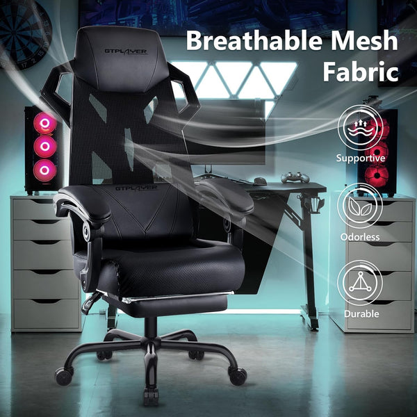 GTPLAYER Mesh Gaming Chair with Footrest 3D Stereoscopic Frame Support Ergonomic Fabric Cover Desk Chair Reclining Computer Chair Height Adjustable Office Chair - Black