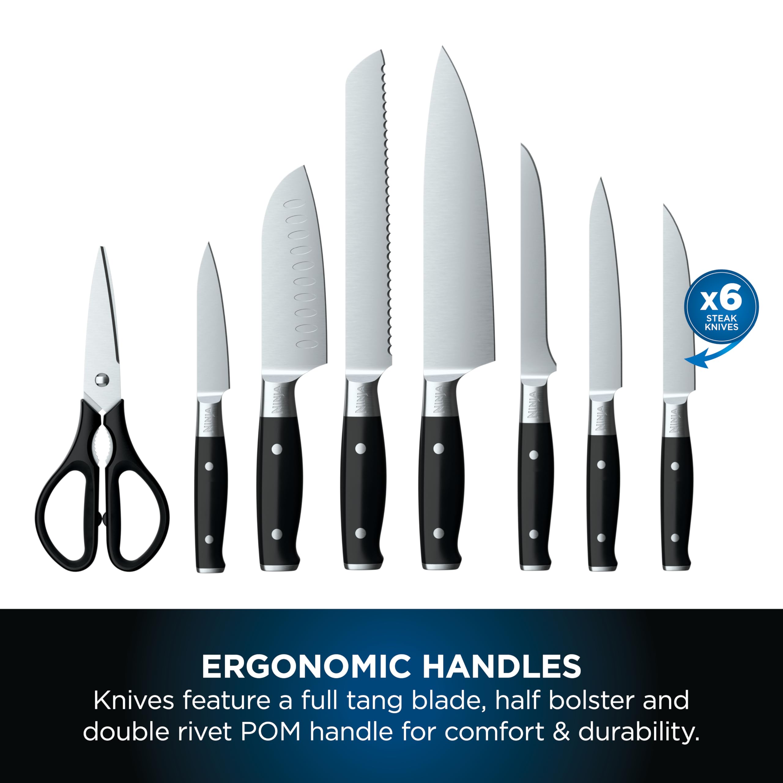 Ninja Foodi StaySharp Knife Block with Integrated Sharpener, 5-Piece Knife Set includes Chef, Bread, Slicing, Utility, Paring Knives, Stainless Steel K32005UK, Black