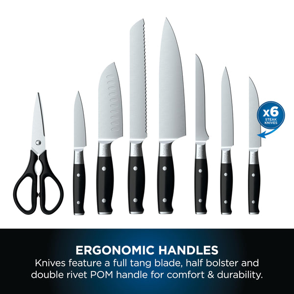 Ninja Foodi StaySharp Knife Block with Integrated Sharpener, 5-Piece Knife Set includes Chef, Bread, Slicing, Utility, Paring Knives, Stainless Steel K32005UK, Black