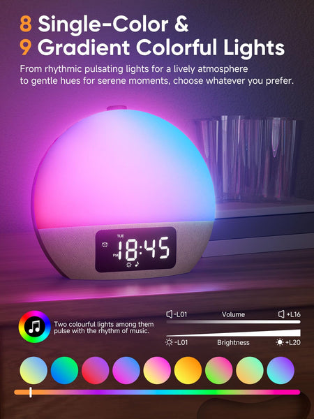 Wake-up Light, Sunrise/Sunset Alarm Clock, 9Min Snooze, Bedroom Night Lamp, 25 Soothing Sounds with 16 Volumes, Weekday/Weekend Dual Alarms, Child/Adult Alarm, Adjustable BT Party/Gathering Lamp
