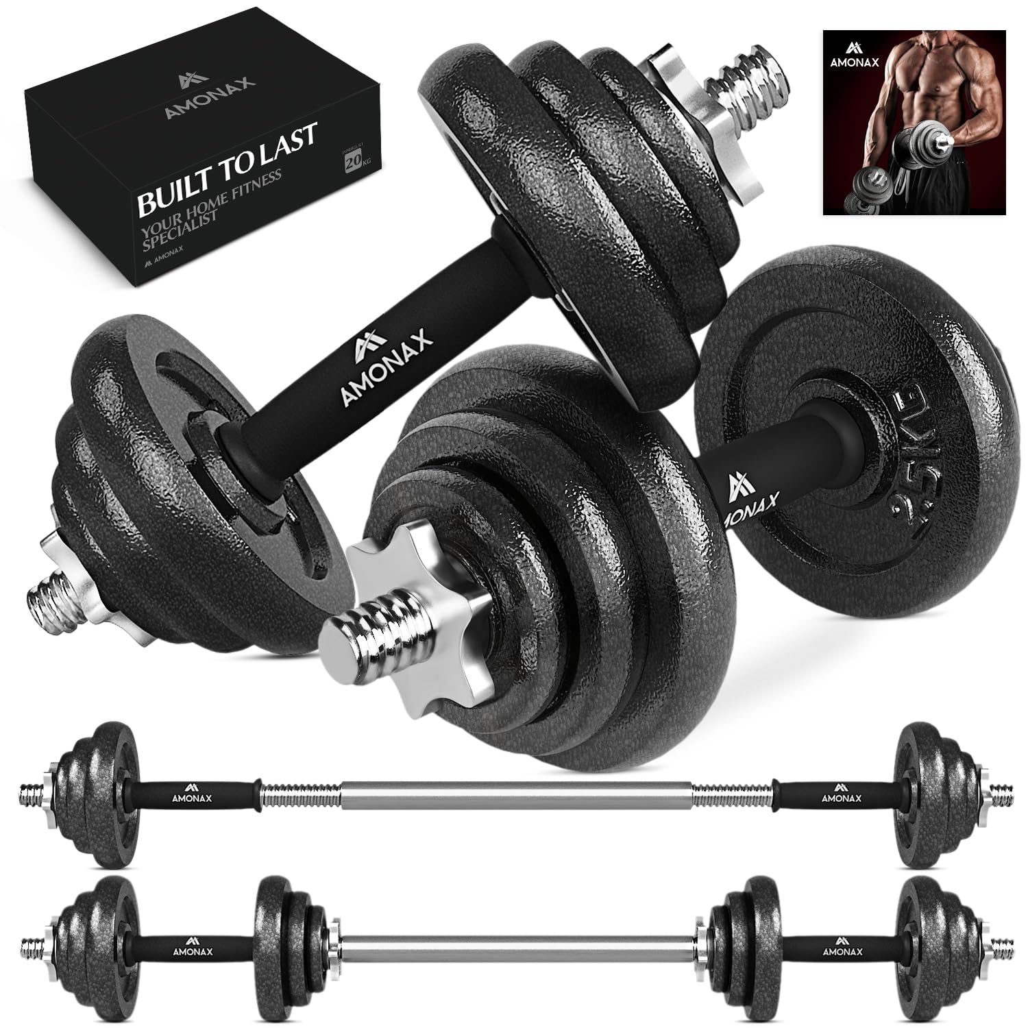 Amonax 20kg Cast Iron Adjustable Dumbbells Weight Set, Barbell Set Men Women, Strength Training Equipment Home Gym Fitness, Dumbell Pair Hand , Bar