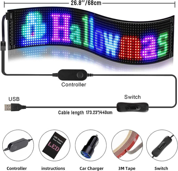 Qnoavve Bluetooth App Control LED Sign, 14.6"x3.6" Devil Eyes Car Lights, Flexible USB 5V LED Car Sign, Programmable Customizable Display Panel, Scrolling Message Board for Store Bar Hotel Party