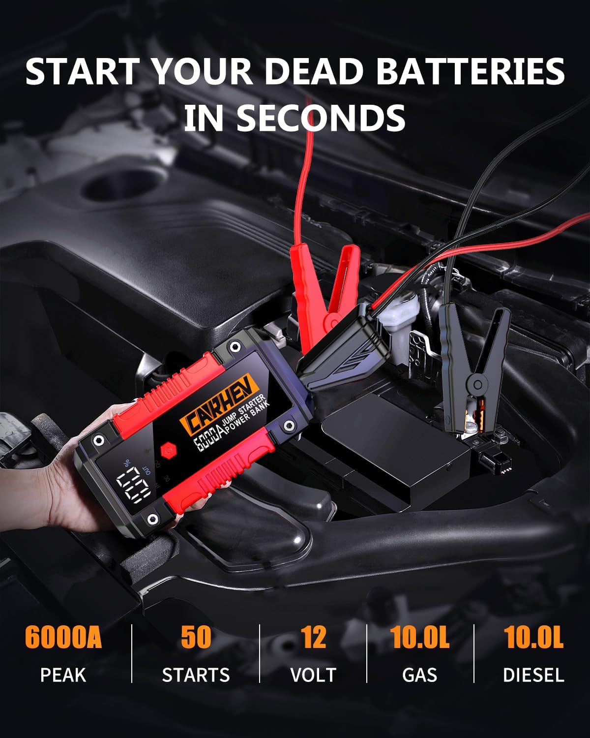CARHEV 6000A Jump Starter Power Pack, Car Battery Booster Jump Starter (up to 10.0L Gas or 10.0L Diesel Engine), 12V Car Starter Power Bank with USB QC 3.0, Jump Pack With DC Output