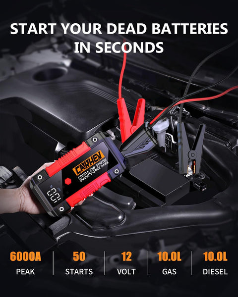 CARHEV 6000A Jump Starter Power Pack, Car Battery Booster Jump Starter (up to 10.0L Gas or 10.0L Diesel Engine), 12V Car Starter Power Bank with USB QC 3.0, Jump Pack With DC Output