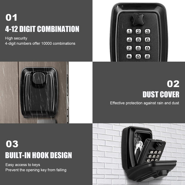 iPalamila Key Safe, Key Safe Outdoor Police Approved, Key lock Box Wall Mounted,12-Digit Combination Key lock Box with Weatherproof Cover For Home Garage Office School (black-1)