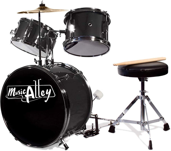 Music Alley DBJK02-BK Three Piece Junior Drum Kit for Kids with Cymbal Pedal Drum Stool and Drum Sticks Metallic Black 3 Piece