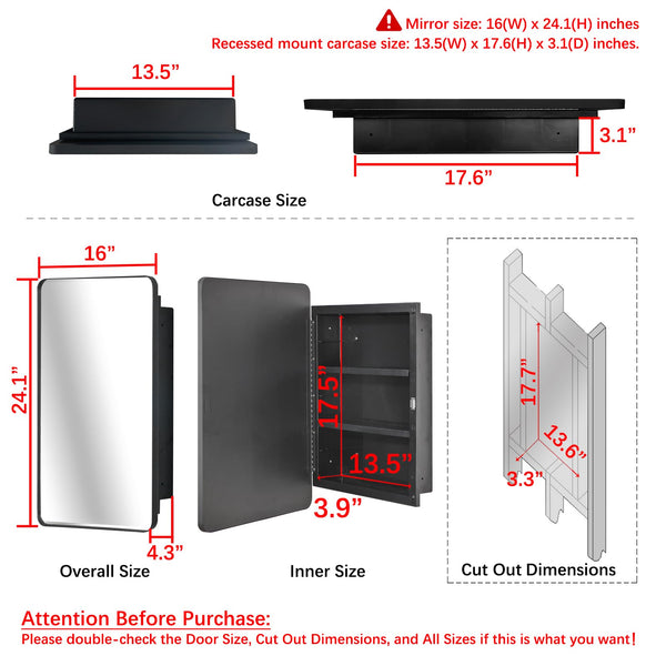 Fundin Plastic Mirror Cabinet, Beveled Edge Mirror Door with Round Corner Metal Frame, Recessed and Surface Mount, Golden,40 X 61 CM