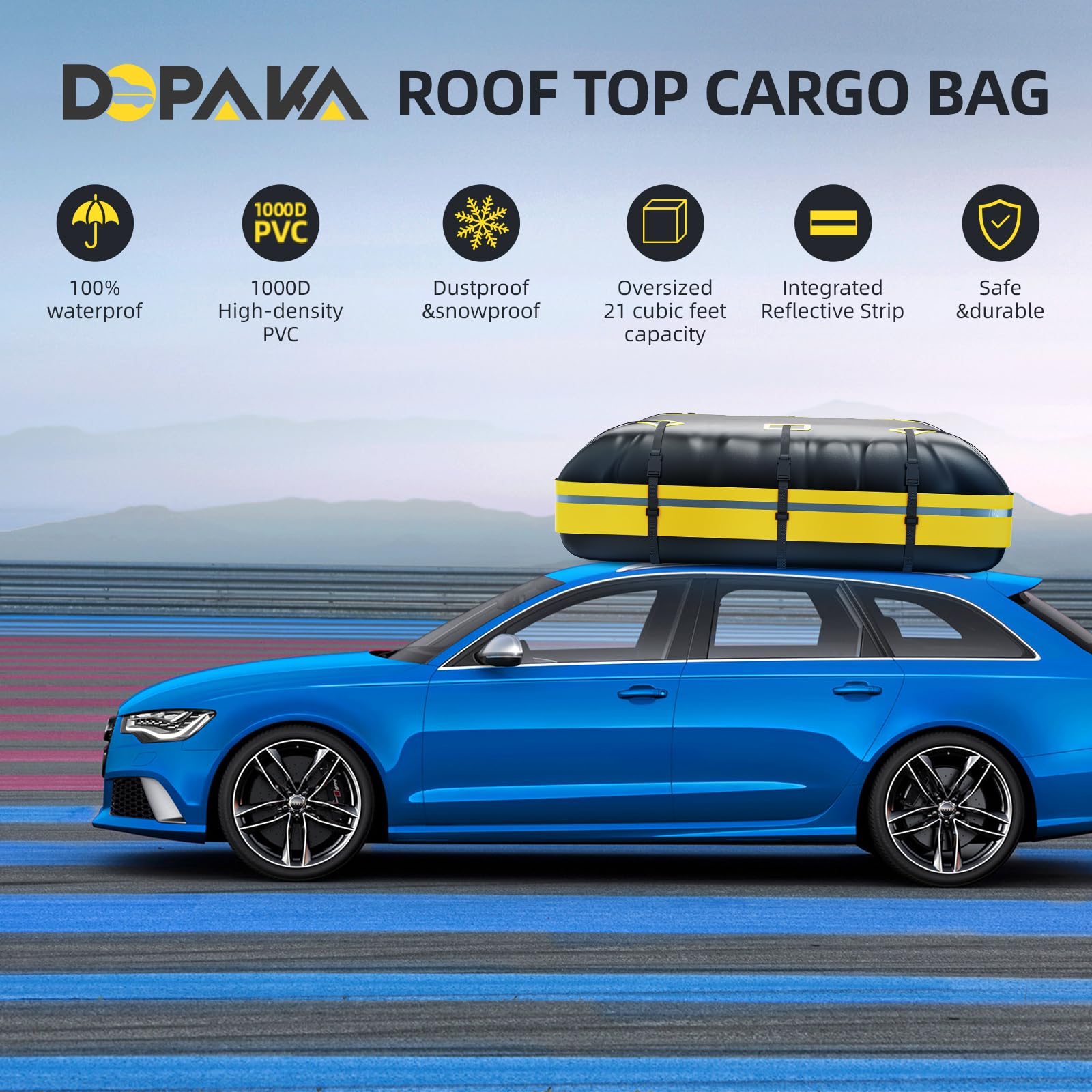 Rooftop Cargo Carrier Bag,100% Waterproof Heavy Duty 1000D Car Top Carrier,15 Cubic Feet Car Roof Bag for All Vehicle with/Without Rack,High-Frequency Welded Seams,Anti-Tear Anti-Slip Mat,6 Door Hooks
