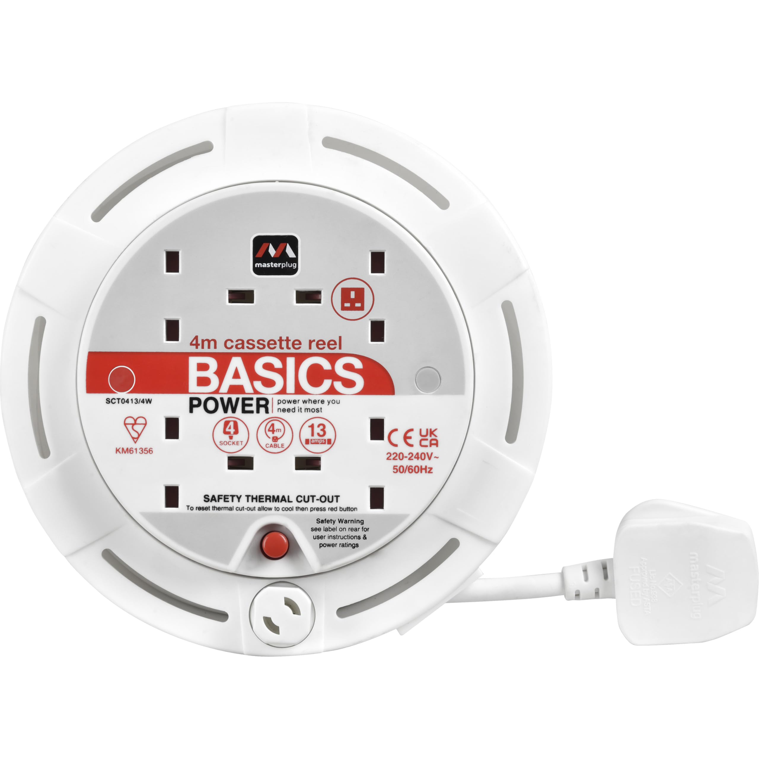 Masterplug Four Socket Cassette Reel Extension Lead, 4 Metres, White