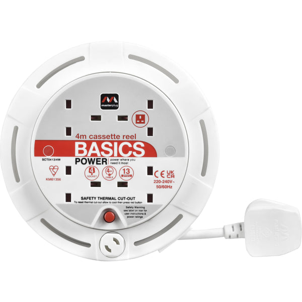 Masterplug Four Socket Cassette Reel Extension Lead, 4 Metres, White