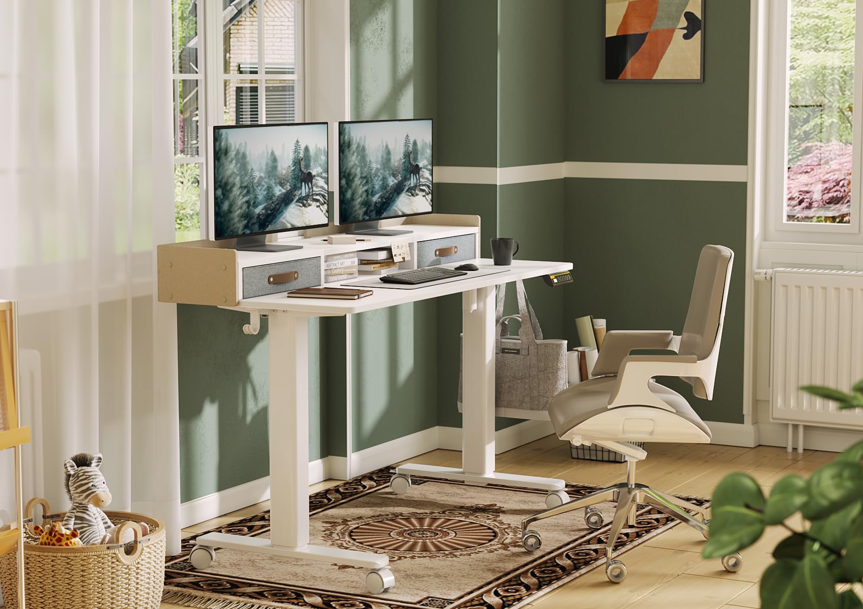 Claiks Electric Standing Desk with Drawers, 120x60cm Height Adjustable Desk with Storage Shelf and Splice Board, Stand Up Desk for Home Office, White Frame/Maple Top