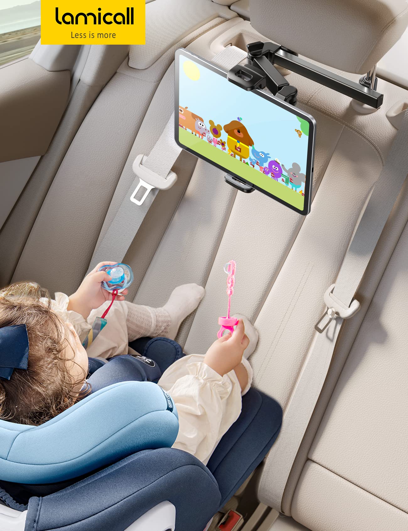 Lamicall Car Headrest Tablet Mount - [Aluminium Arm] 2025 Adjustable Car Tablet Holder, 360° Rotating Backseat Mount for Kids, for 2024 iPad Pro 13, Air 6, Mini, Tab, Phones, 4.7-13” Device - Black