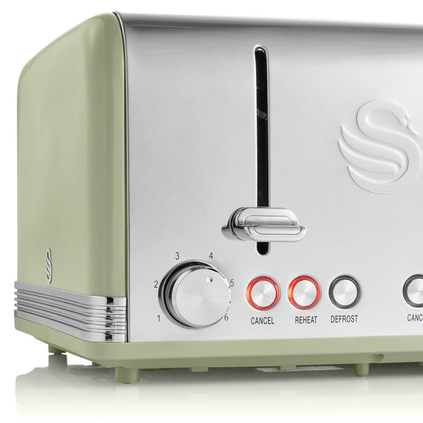 Swan ST19020GRN Retro 4-Slice Toaster with Defost/Reheat/Cancel Functions, Cord Storage, 1600W, Retro Grey