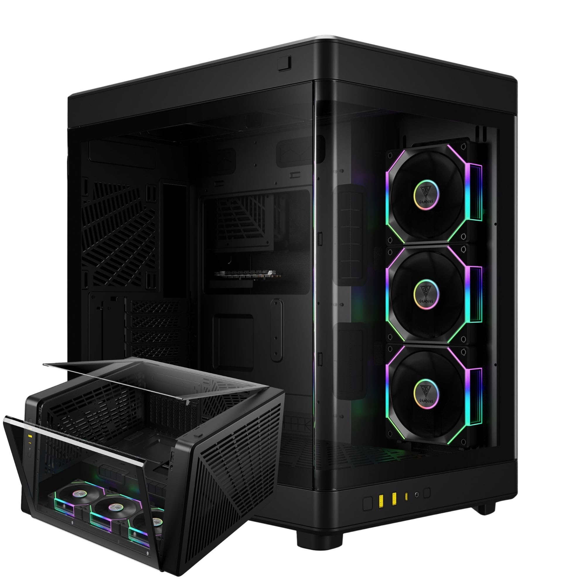 GAMDIAS PC Case, ATX Gaming Mid Tower, No-Hub, Real-time Monitor, Seamless Tempered Glass, Pre-install 3 x 120 mm ARGB PWM Fans, Side Vents Perforated, Black
