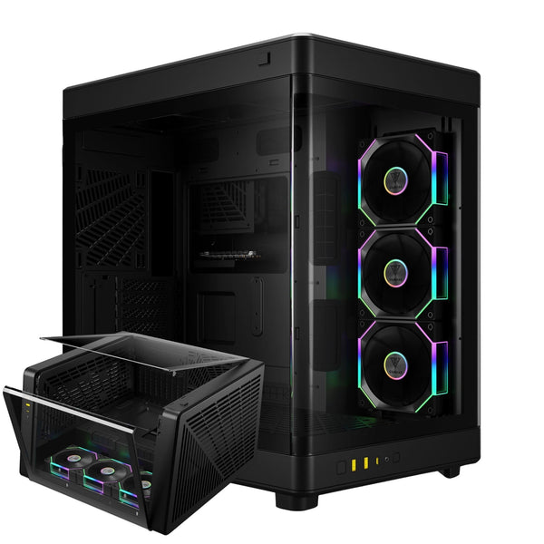 GAMDIAS PC Case, ATX Gaming Mid Tower, No-Hub, Real-time Monitor, Seamless Tempered Glass, Pre-install 3 x 120 mm ARGB PWM Fans, Side Vents Perforated, Black