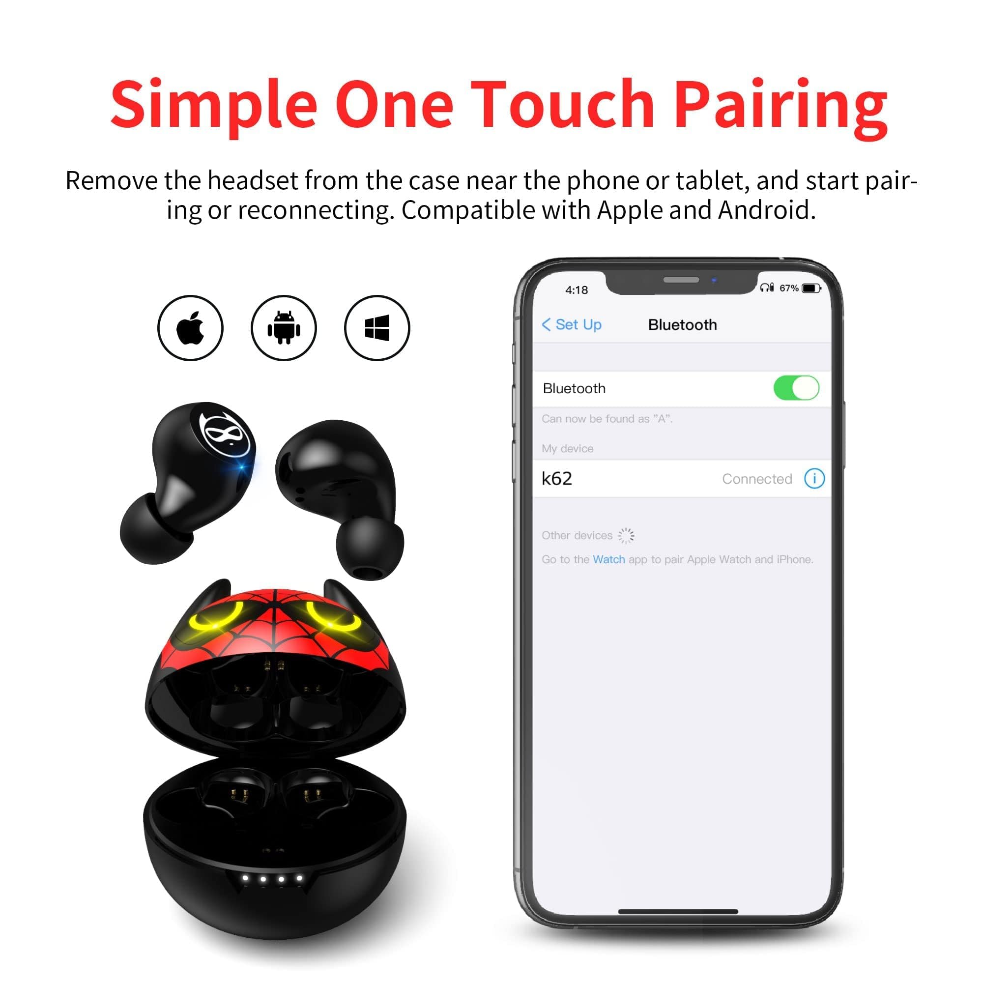 Earbuds for Kids Cute Design in-Ear Wireless Earphones for Kids Boys Adult Bluetooth 5.3 Waterproof Sport Stereo Headphones with Mic for Phone