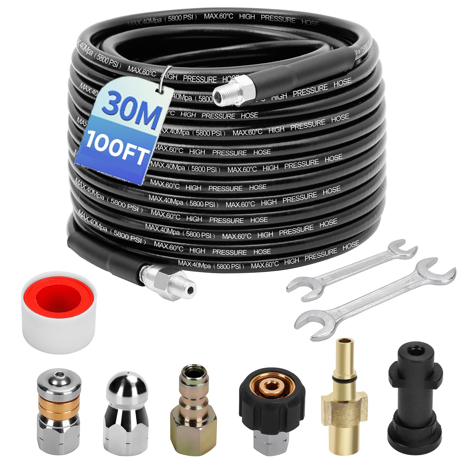 30M/100 FT Drain Jetting Hose - Compatible with Karcher and Bosch Pressure Washer Gun, 400 Bar/5800PSI Drain Jetter for Pressure Washer Gun Includes 4