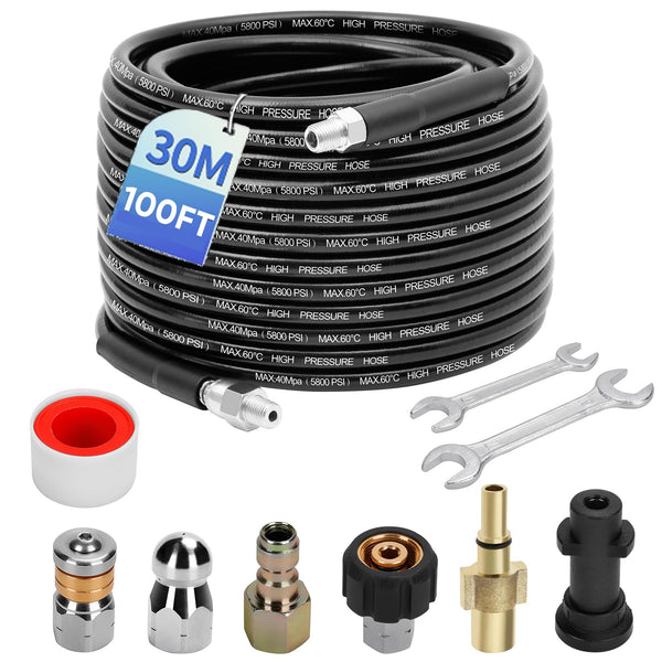30M/100 FT Drain Jetting Hose - Compatible with Karcher and Bosch Pressure Washer Gun, 400 Bar/5800PSI Drain Jetter for Pressure Washer Gun Includes 4