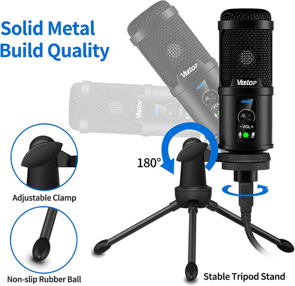 Veetop USB Microphone Metal Computer Condenser PC Mic for Gaming Podcasting Streaming Recording Voiceover YouTube Skype Twitch Zoom Cardioid with Tripod Compatible with Desktop Laptop Windows MacOS