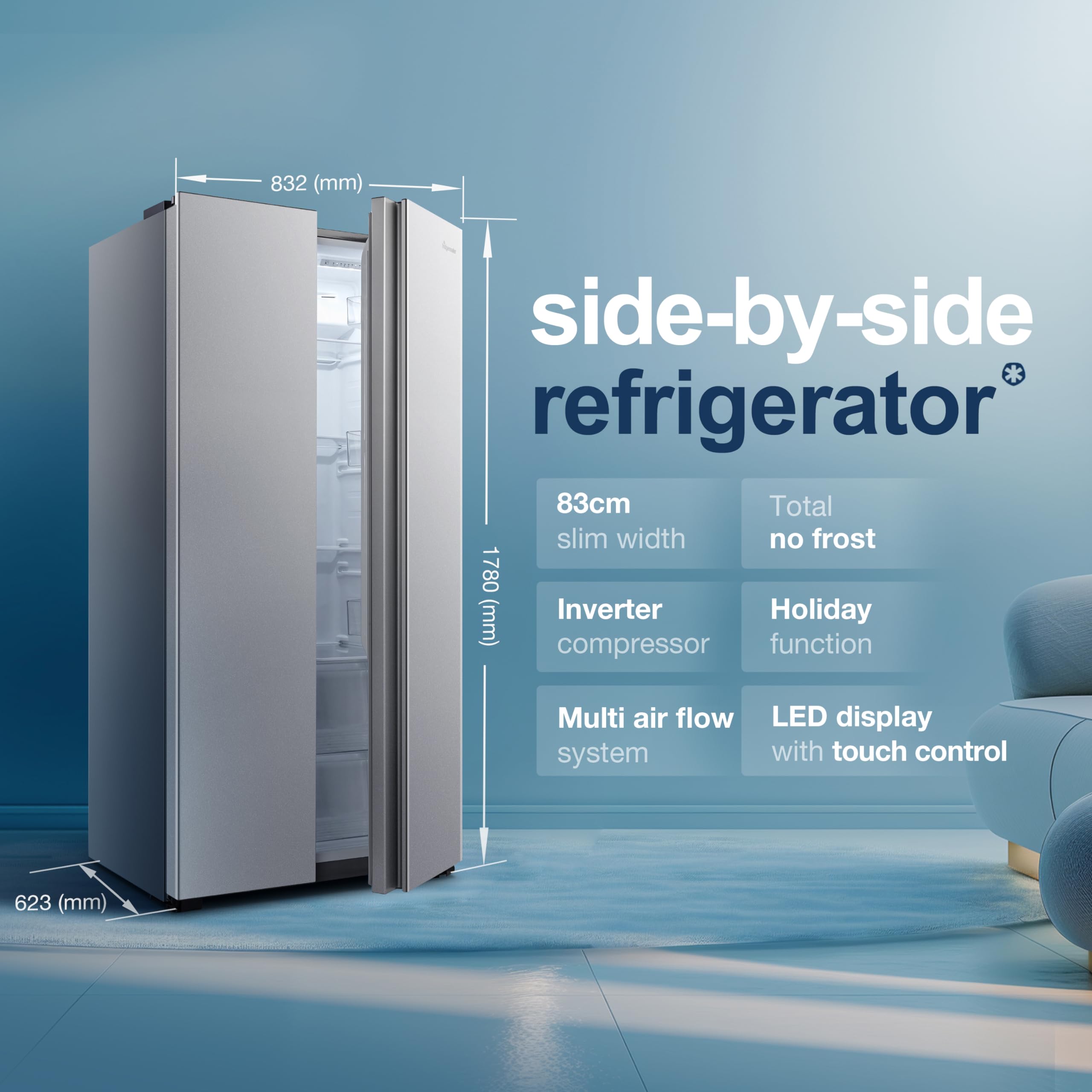 Fridgemaster MS83430EB Freestanding Slim American Side by side Door Fridge Freezer 441L, Total No Frost, Inverter compressor, Black, 83.2x178.0cm, Energy Rating E