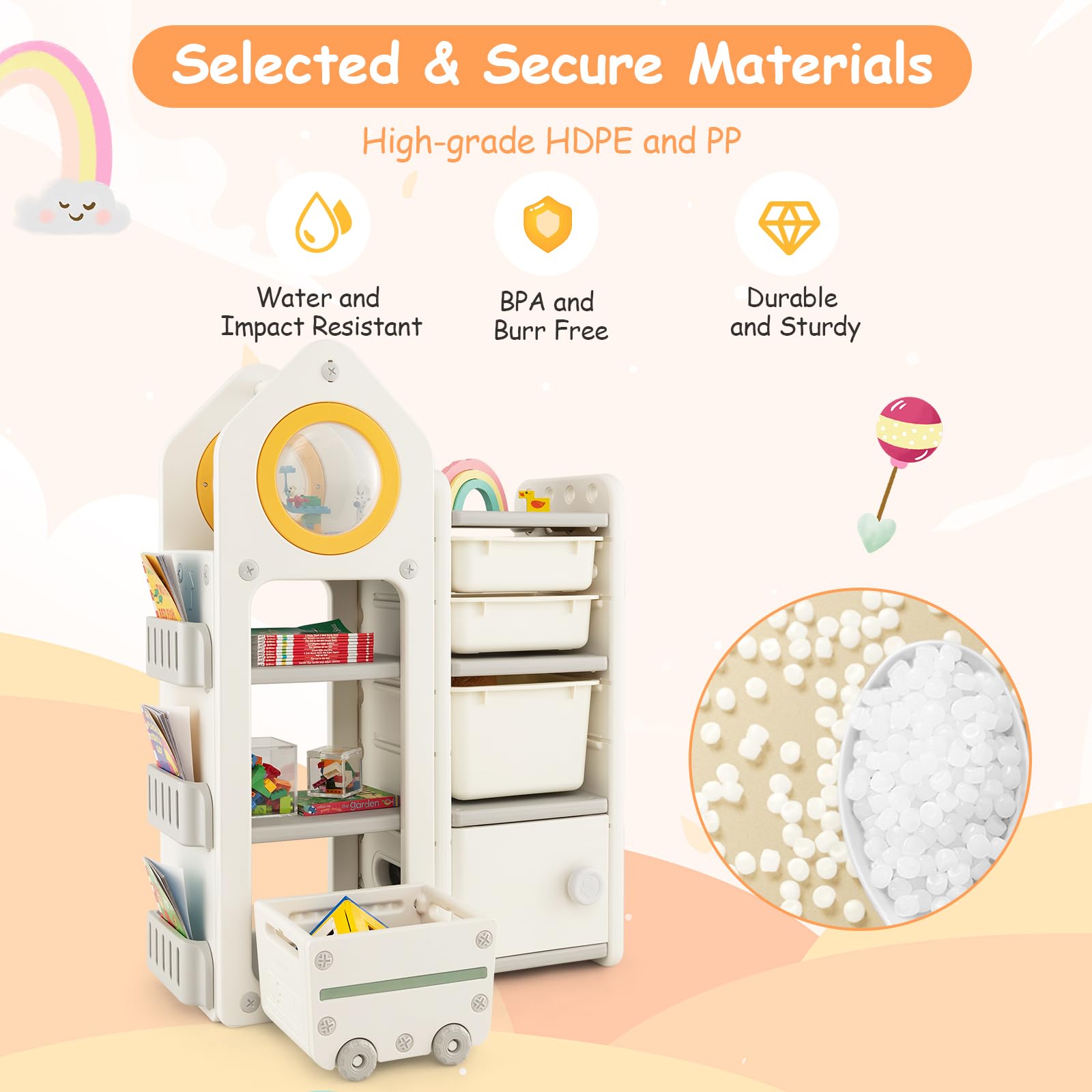 COSTWAY Kids Storage Units, Children Toy Organizer with Plastic Bins, Pull-Out Drawers and Door Cabinet, Toddler Storage Chest for Nursery Playroom Bedroom (Car Shape, 112 x 35 x 66cm)