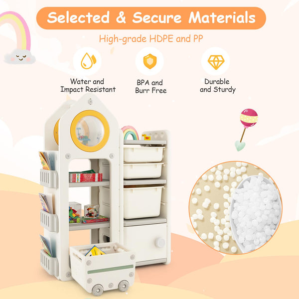 COSTWAY Kids Storage Units, Children Toy Organizer with Plastic Bins, Pull-Out Drawers and Door Cabinet, Toddler Storage Chest for Nursery Playroom Bedroom (Car Shape, 112 x 35 x 66cm)