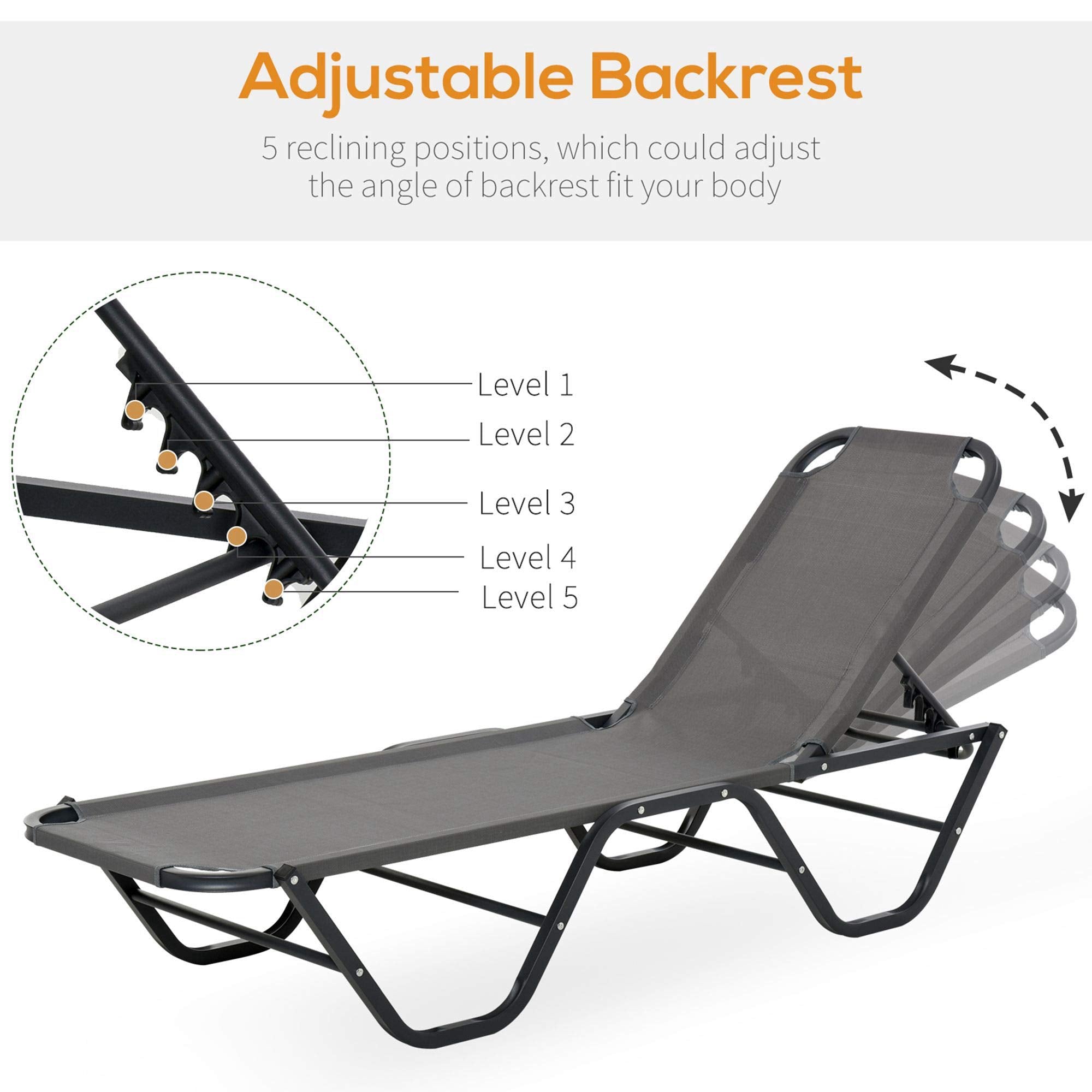 Outsunny Sun Lounger Relaxed Recliner with 5-Position Adjustable Backrest Aluminium Frame for Pool or Sun Bathing Light Grey
