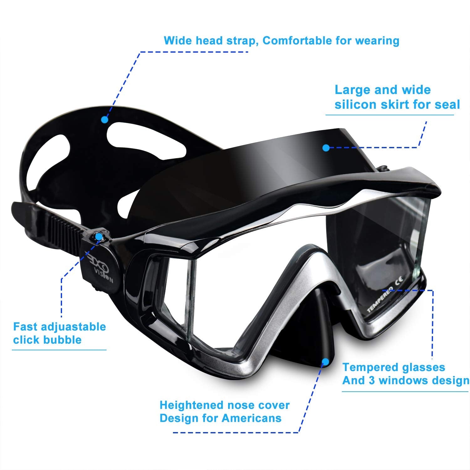 Adult Pano 3 Panoramic Scuba Diving Mask, Tempered Glass Snorkeling Dive Mask, Premium Swim Goggles With Nose Cover Snorkeling Gear for Snorkeling,