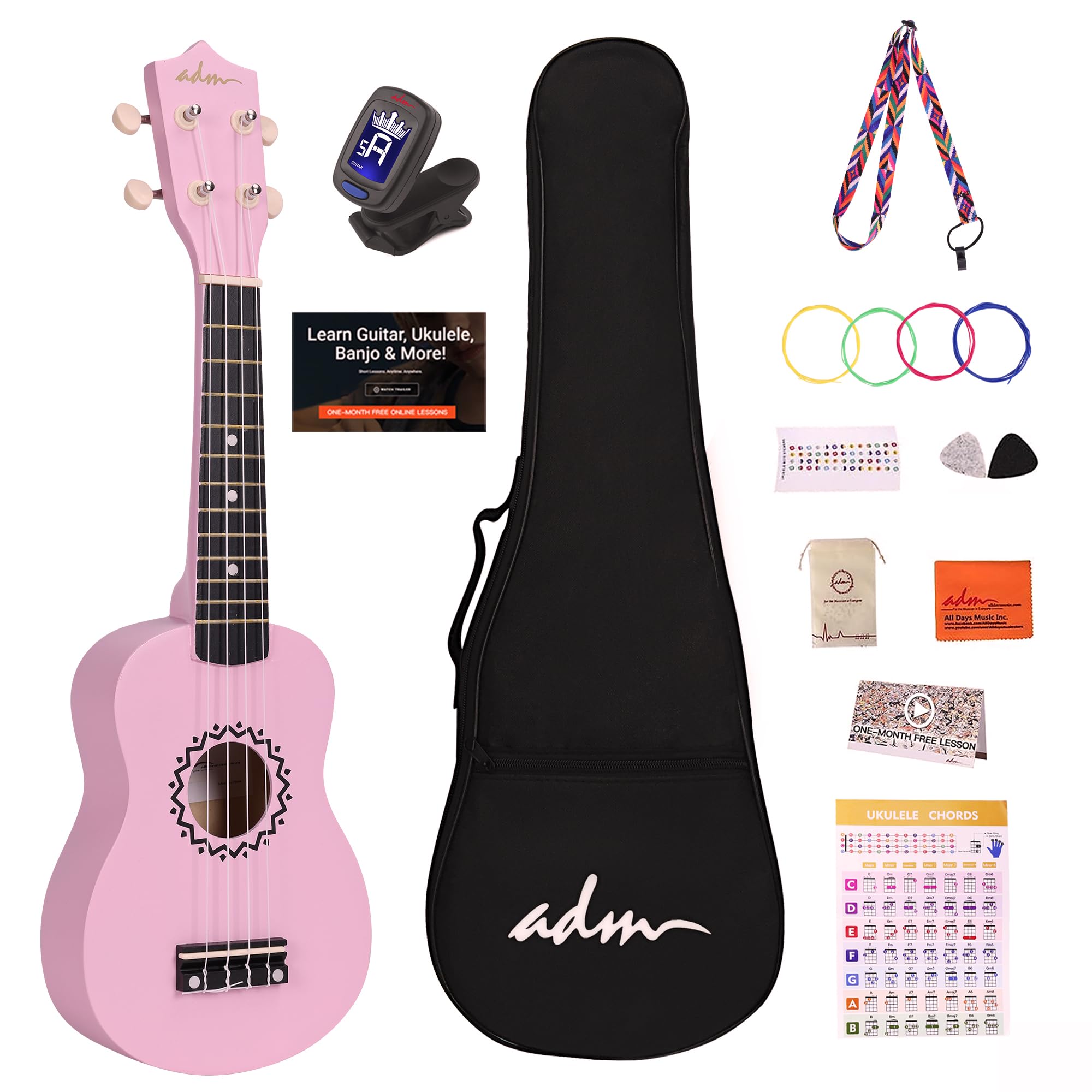 ADM Soprano Ukulele Set for Kids and Beginners, Ukulele Starter Kit with Bag, Clip-On Tuner, Rainbow Strings, Colourful Strap, Plectrum, Fingerboard Sticker, Chord Card (Dark Blue)