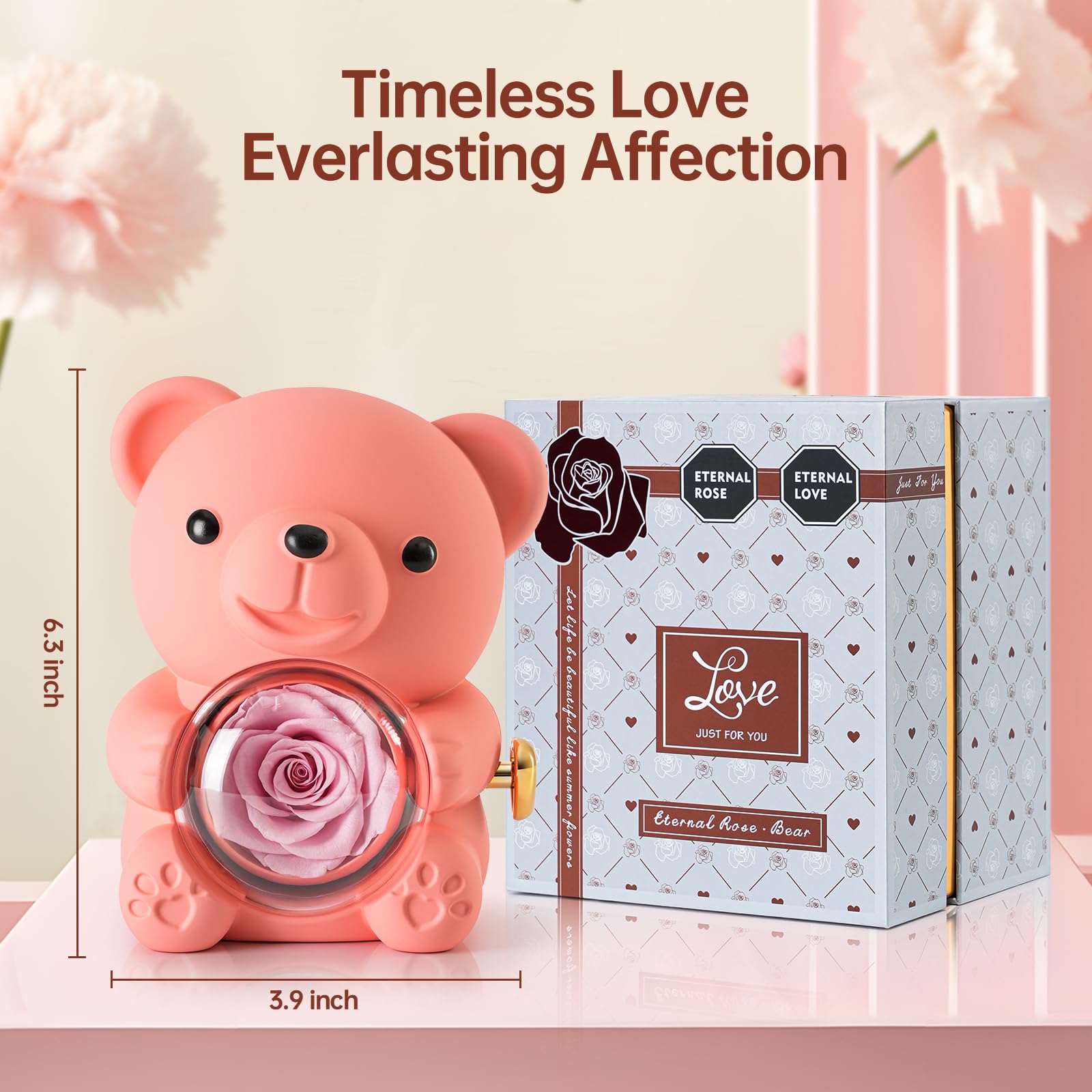 Ariceleo Pink Teddy Bear with Preserved Rose, Real Rose Flower in Bear, Elegant Gift Box, Heart-Shaped Necklace, Unique Gift for Valentine's Day,