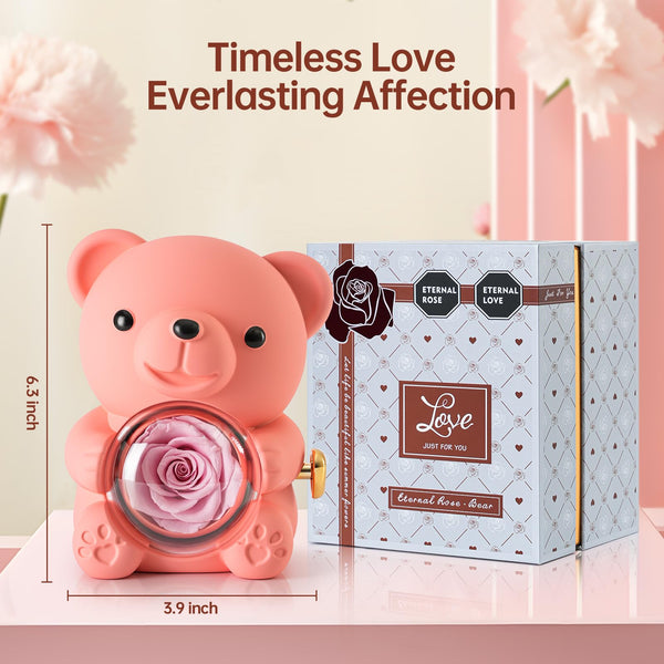 Ariceleo Pink Teddy Bear with Preserved Rose, Real Rose Flower in Bear, Elegant Gift Box, Heart-Shaped Necklace, Unique Gift for Valentine's Day,
