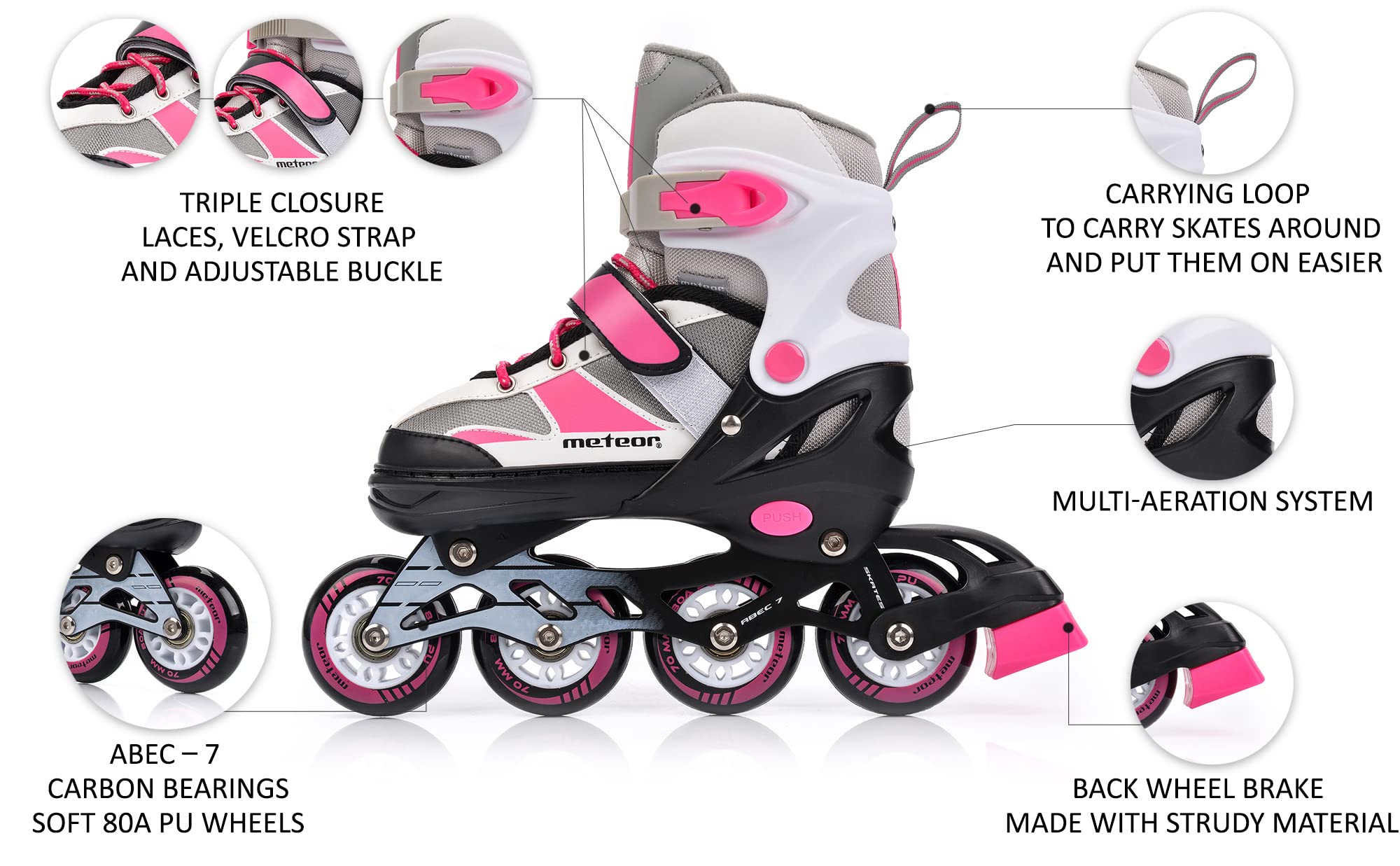 Inline Skates Children's Kids Inliners Roller Skates Roller Blades ABEC 7 Carbon Children's Inline Skates Adjustable Shoe Size (Pink/Grey, M 34-37)