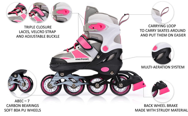 Inline Skates Children's Kids Inliners Roller Skates Roller Blades ABEC 7 Carbon Children's Inline Skates Adjustable Shoe Size (Pink/Grey, M 34-37)