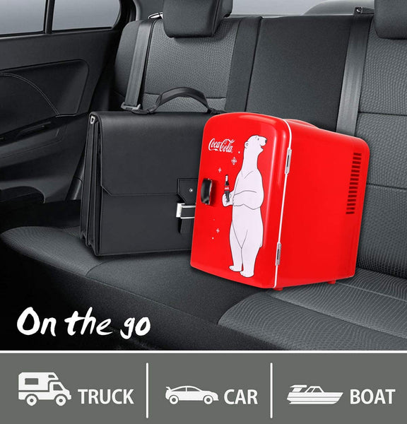 Coca Cola Polar Mini Fridge - Refrigerator for Bedroom Skincare Office, Portable Table Top Beverage Cooler, 12V DC/220V AC Refrigerador For Drinks, Soda, Wine, Use In Car, Dorm, Patio, 6 Can