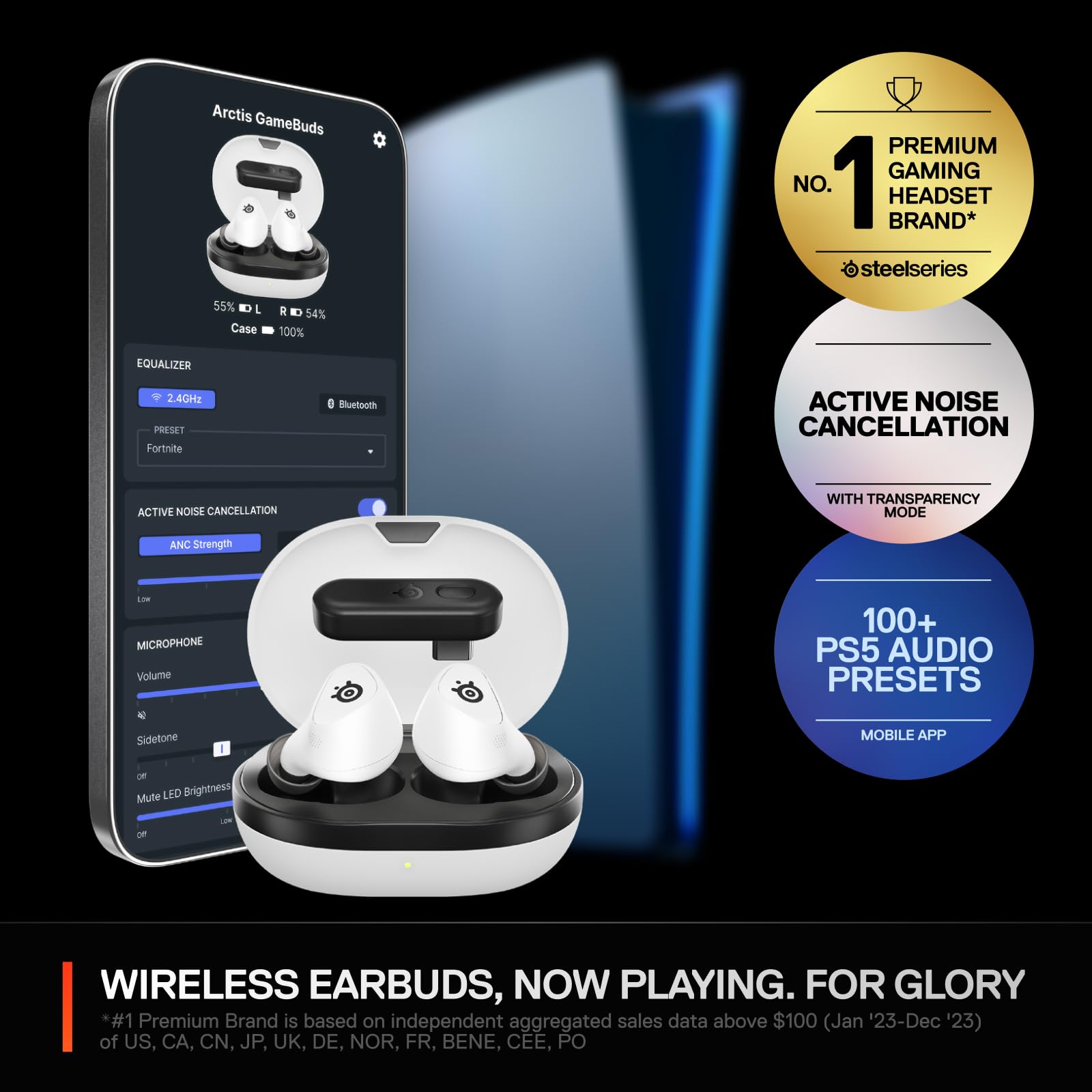 SteelSeries Arctis GameBuds for PS5 - Wireless Gaming Earbuds - 2.4GHz + BT 5.3 - ANC/Transparency - IP55 Water Resistant - 40H Battery - Wireless Charging - PS5, PC, Switch 2, Mobile - White