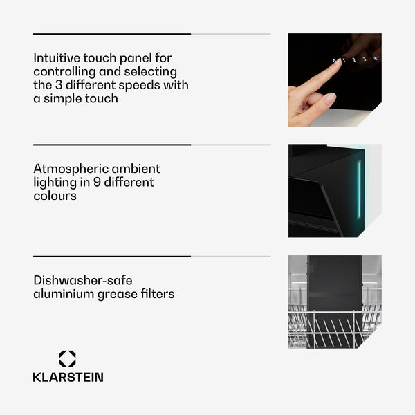 Klarstein Alina 90 Angled Cooker Hood - 600m³/h Air Flow, Touch Panel, LED Backlighting, Quiet 63dB, Energy Class A, 90cm Extractor Hood, Black