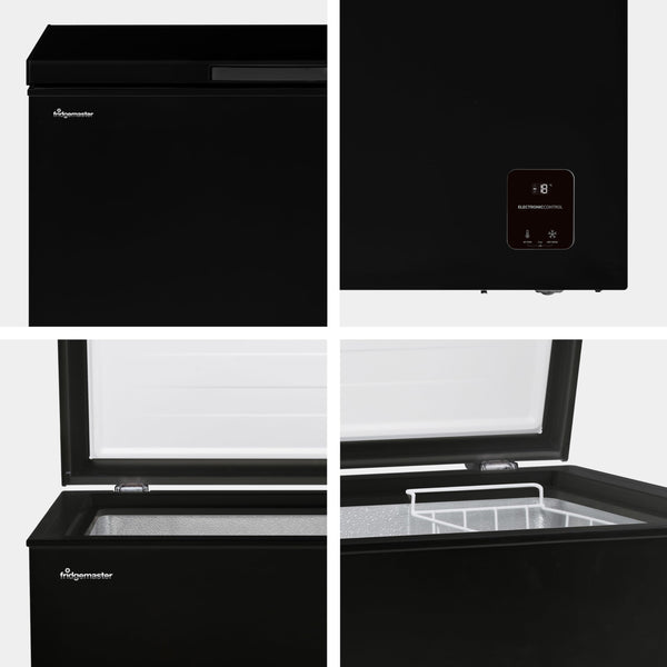 Fridgemaster MCF142EB 142L Chester Freezer 4 Star Freezer Rating - 55.9D x 62.5W x 85.4H cm Black with Recessed Handle - E Rated