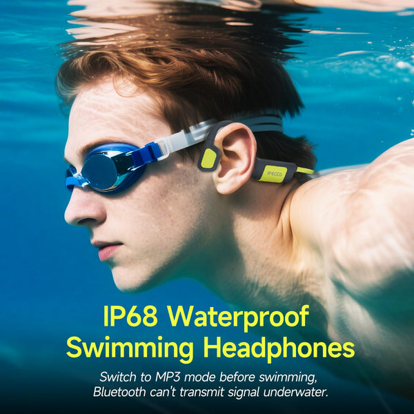 IFECCO Swimming Headphones Underwater - IP68 Waterproof Bone Conduction Headphones Bluetooth 5.4, Open Ear Earbuds with 32GB MP3 Player Memory for Swimming Running Cycling