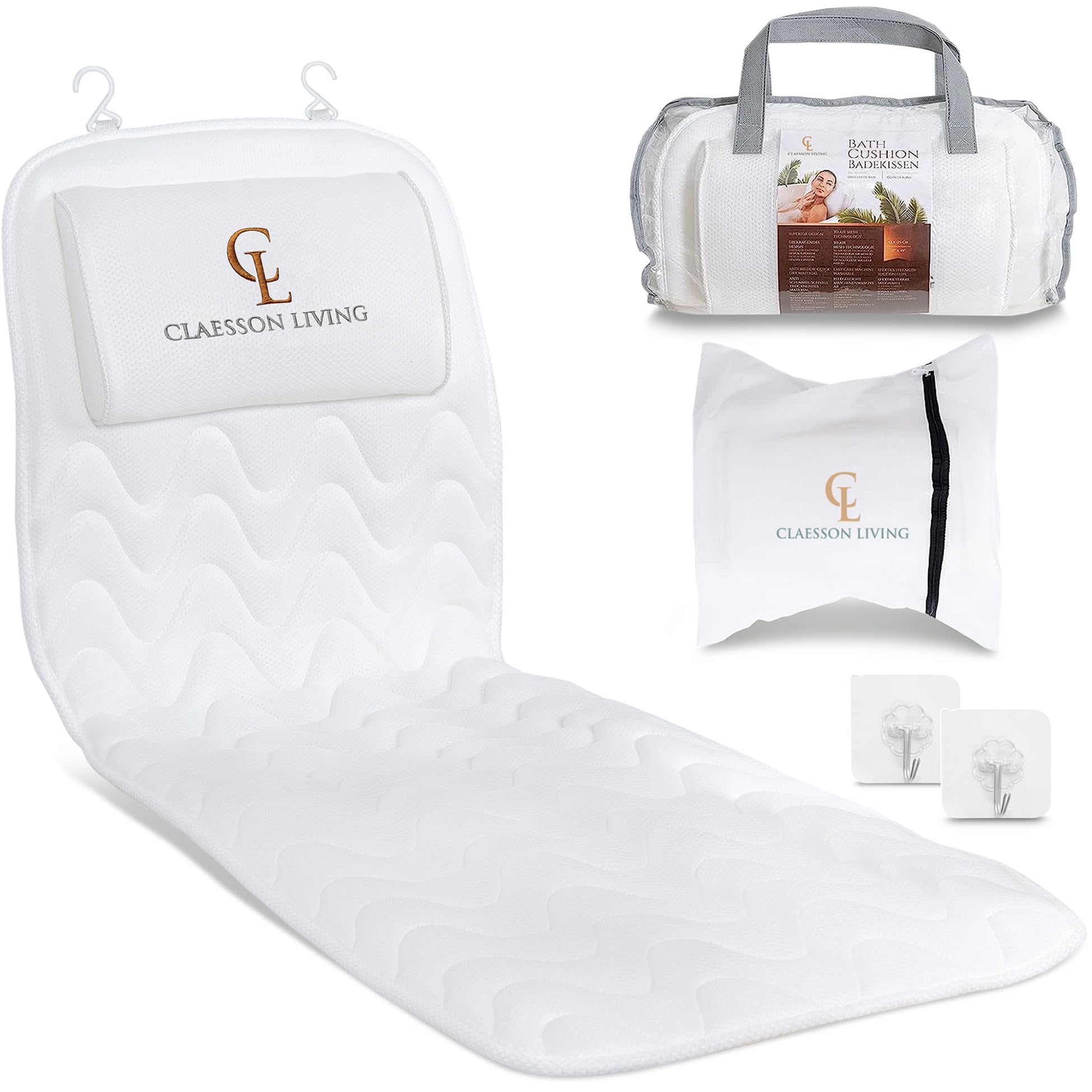 Claessonliving Full-Body Bath Pillow (17''x49'') - Bathtub Cushion with Headrest Supports Neck, Back and Legs - Free Hanging Hooks for Fast Drying